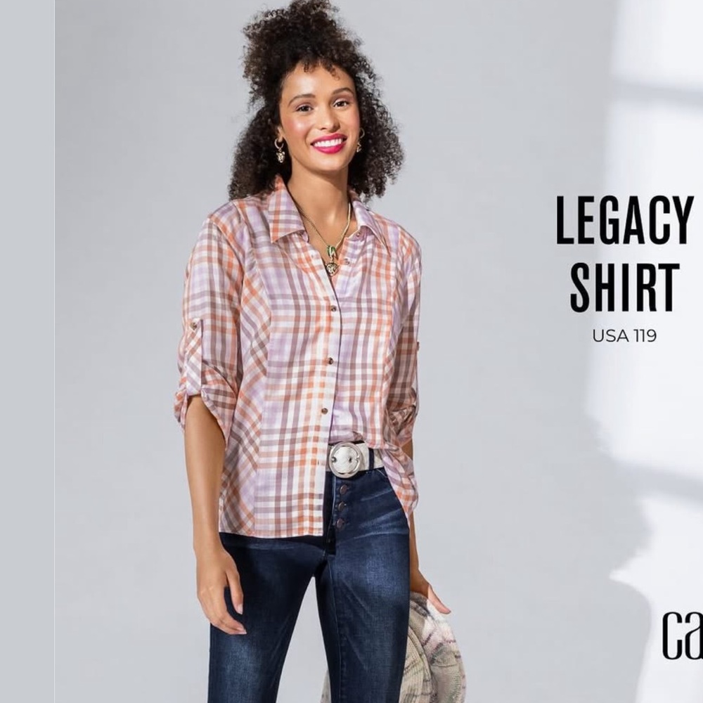 Cabi Legacy white, orange, lavender, brown plaid roll sleeve blouse, XS